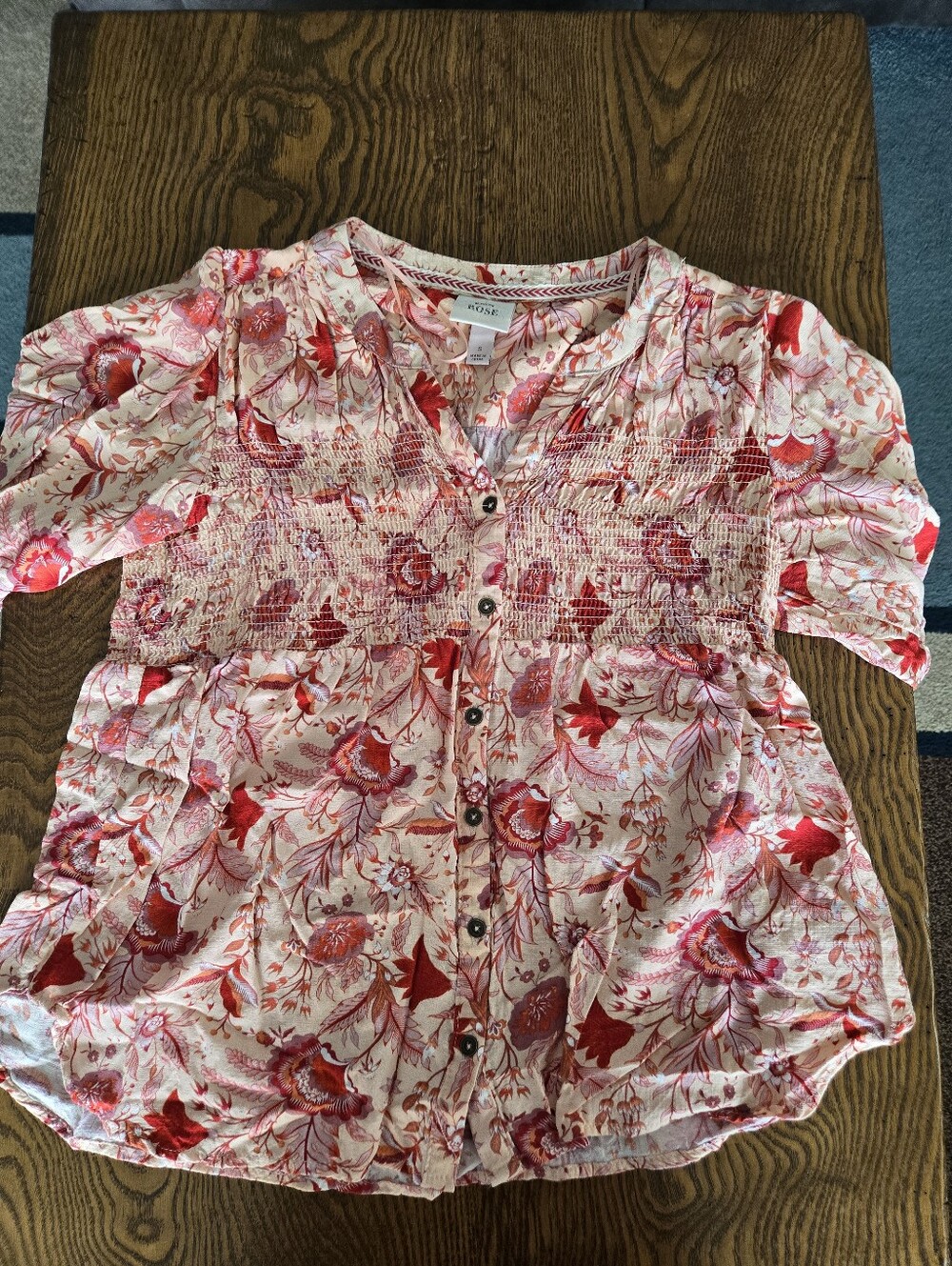Knox Rose Cream and Pink Floral Smocked Peasant Top